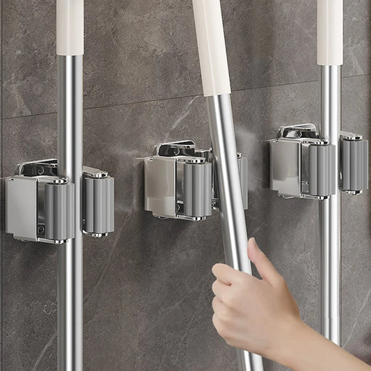Suporte Adesivo para Vassouras e Mops em Aço Inoxidável