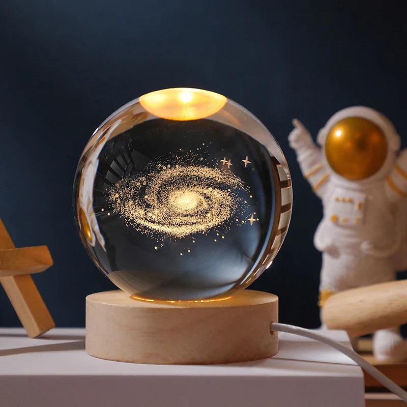 Luminária 3D Bola de Cristal LED 5cm com Base de Madeira