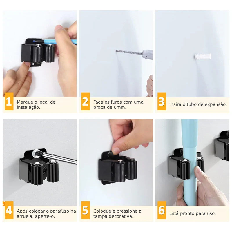 Suporte Adesivo para Vassouras e Mops em Aço Inoxidável