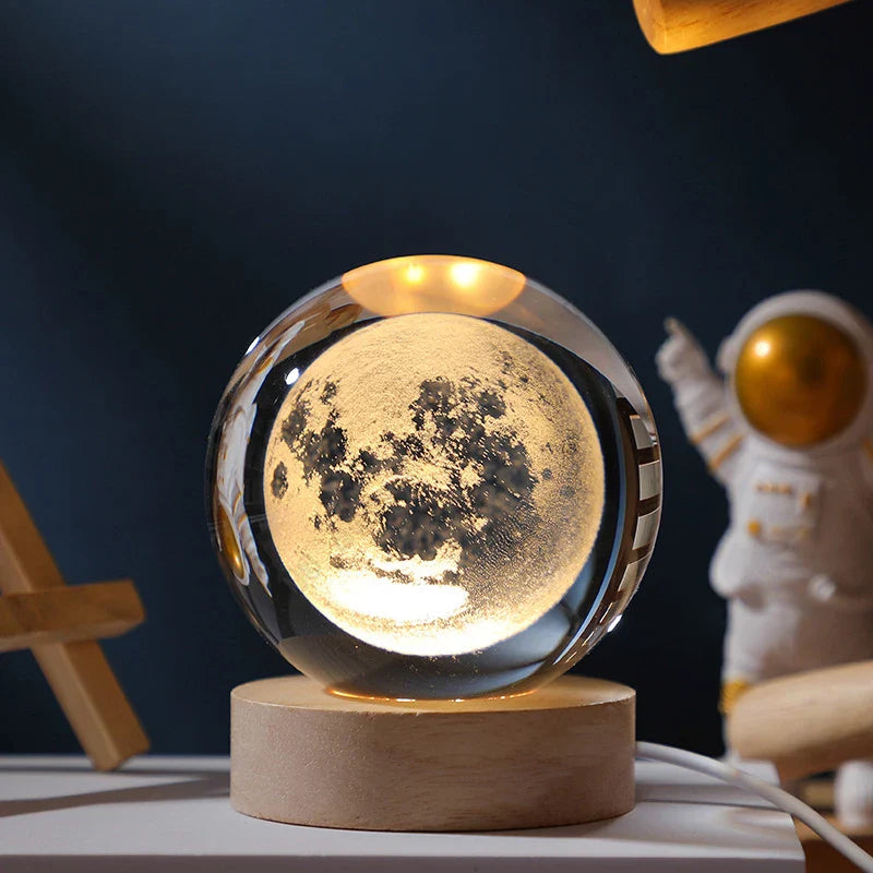Luminária 3D Bola de Cristal LED 5cm com Base de Madeira