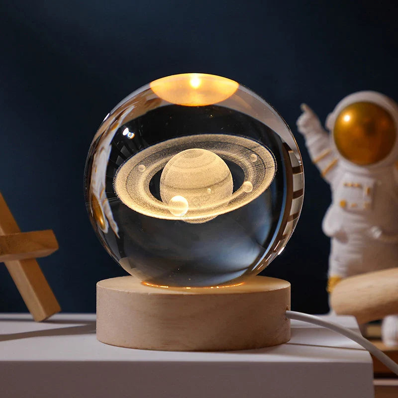 Luminária 3D Bola de Cristal LED 5cm com Base de Madeira
