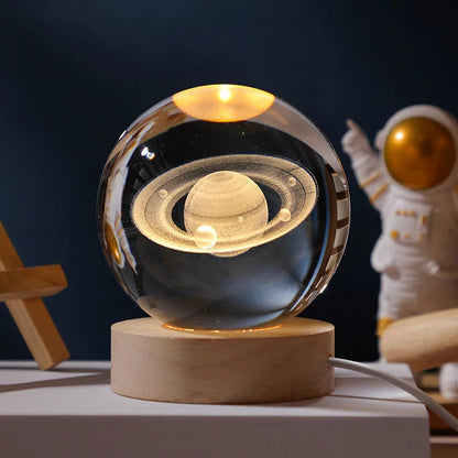 Luminária 3D Bola de Cristal LED 5cm com Base de Madeira